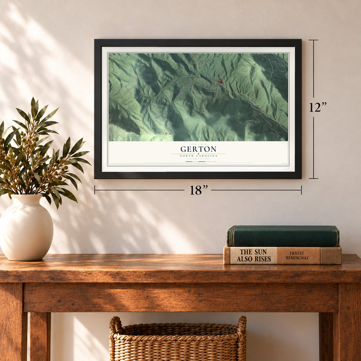 Gerton, North Carolina map, 12 x 18 inch print in a black frame in an entryway
