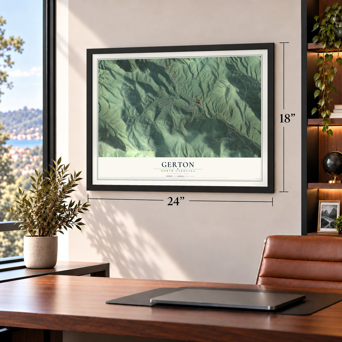 Gerton, North Carolina map, 18 x 24 inch print in a black frame in a home office