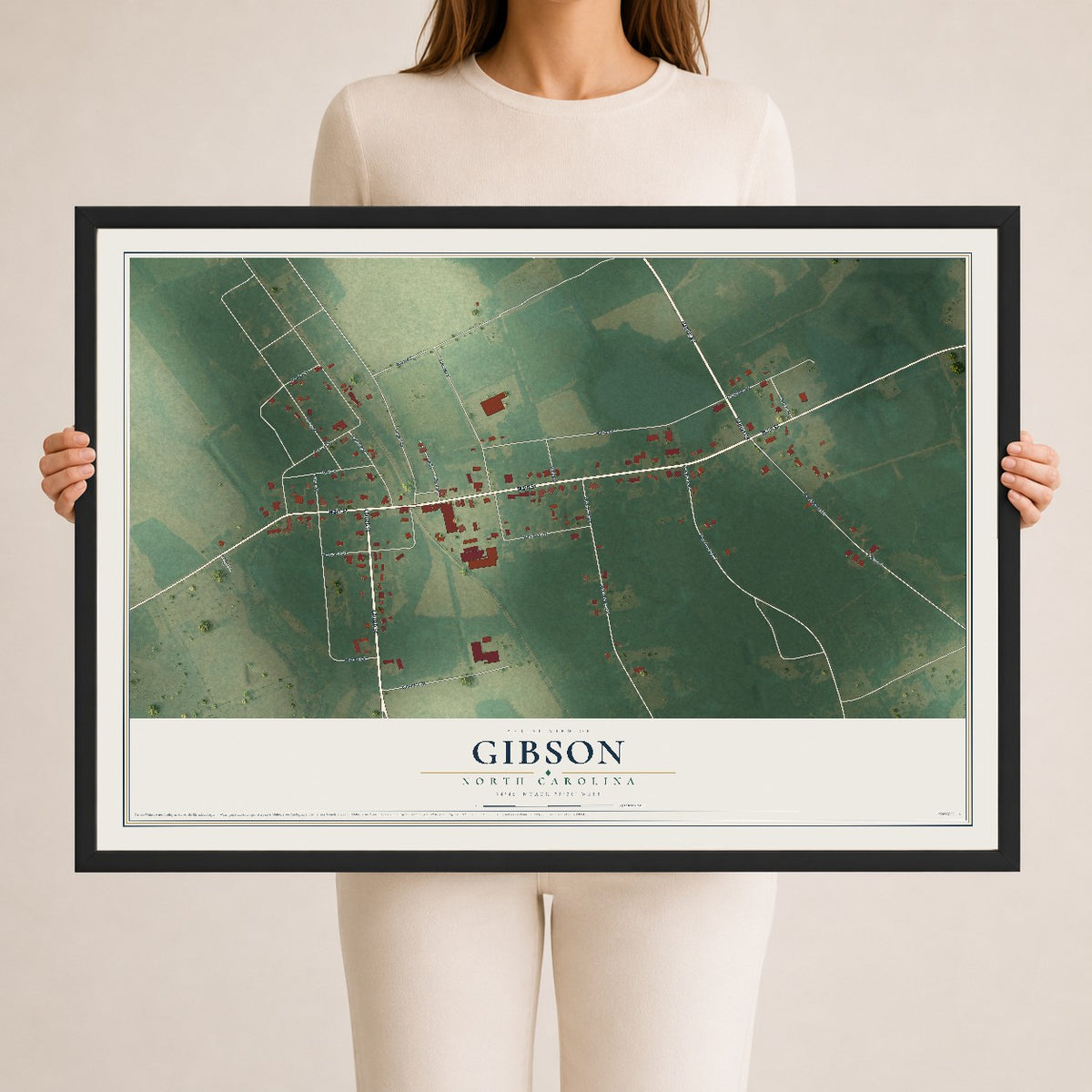 Map of Gibson, North Carolina, 24 x 36 inch print in a black wood frame