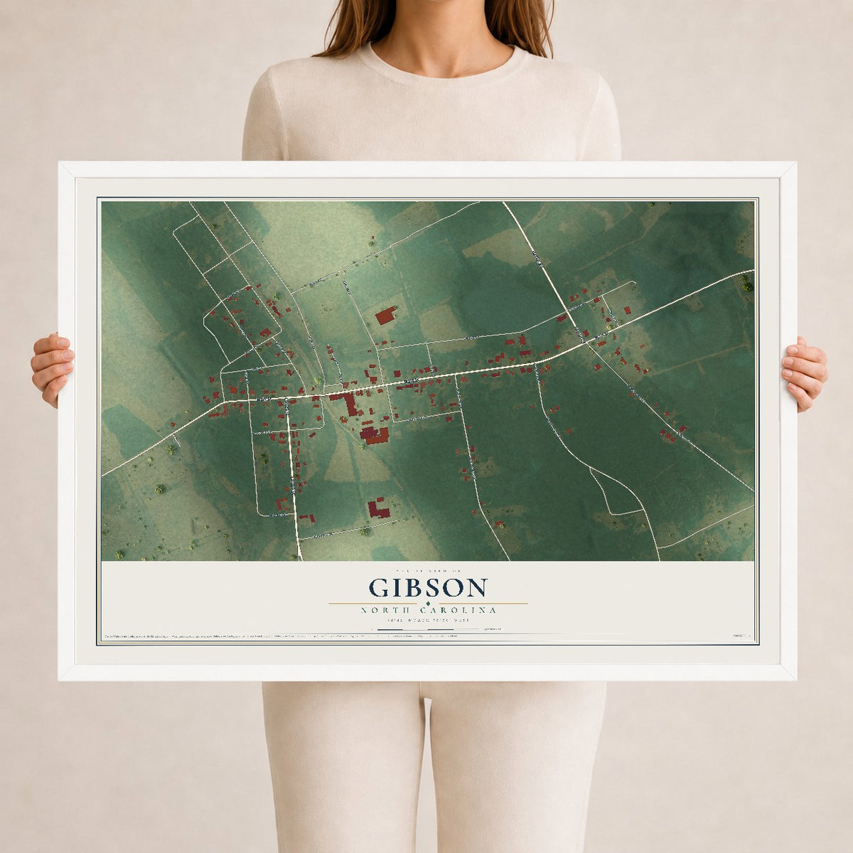Map of Gibson, North Carolina, 24 x 36 inch print in a white wood frame