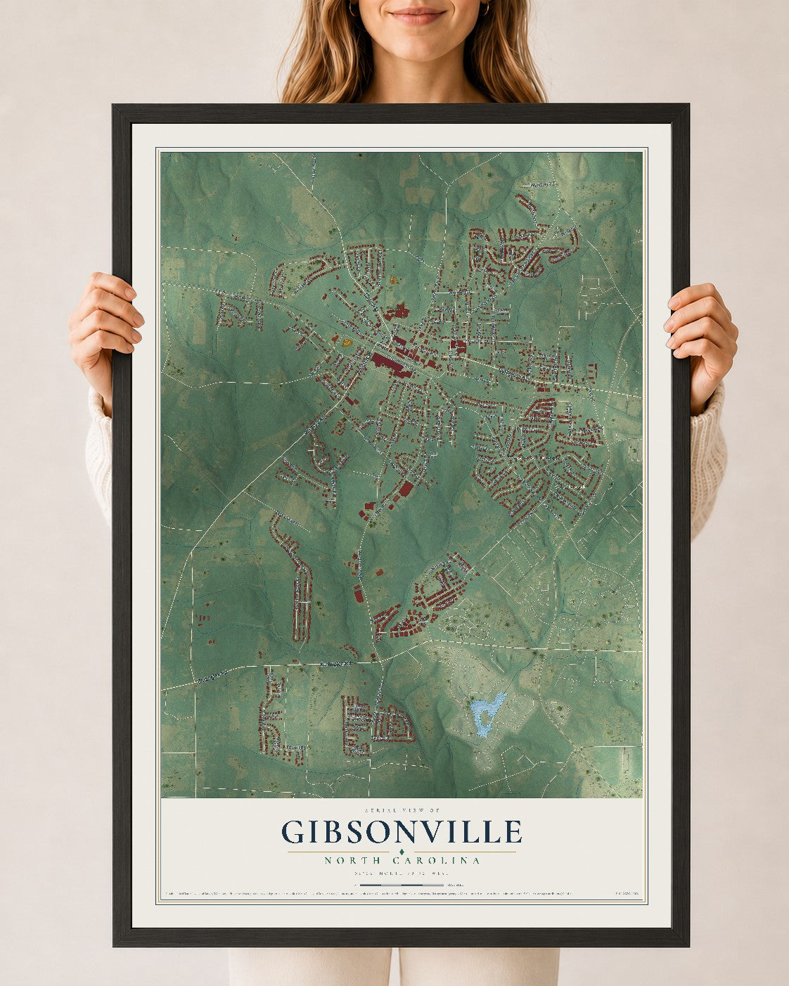 Map of Gibsonville, North Carolina, 24 x 36 inch print in a black wood frame