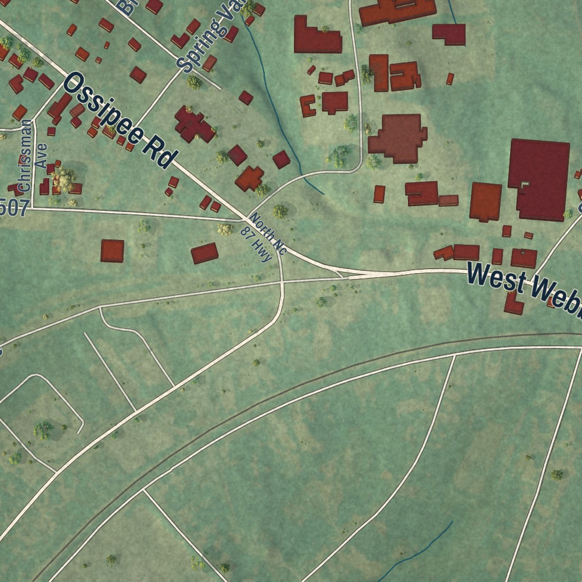 Close-up of the map of Glen Raven, North Carolina print showing street and building detail