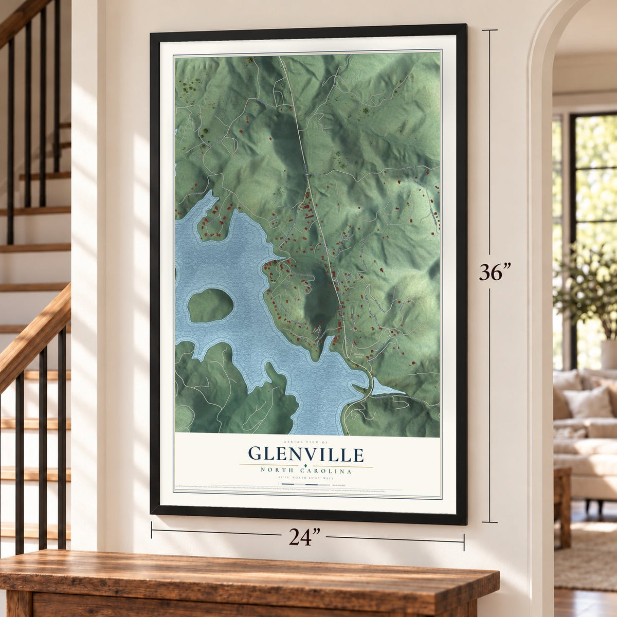 Glenville, North Carolina map, 24 x 36 inch print in a black frame by a staircase