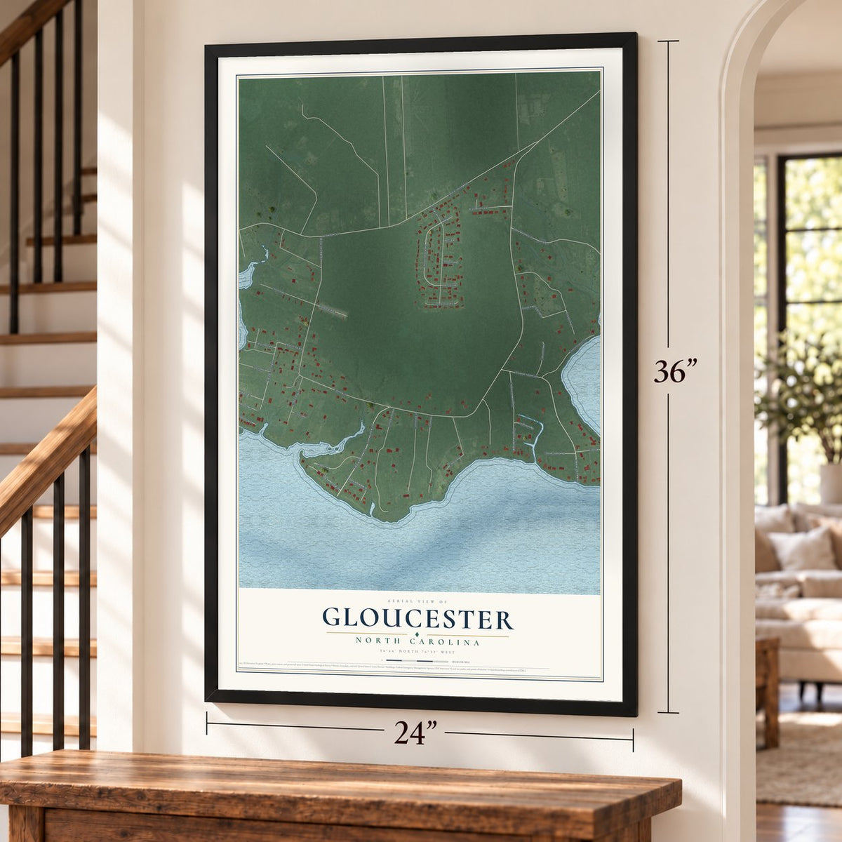 Gloucester, North Carolina map, 24 x 36 inch print in a black frame by a staircase