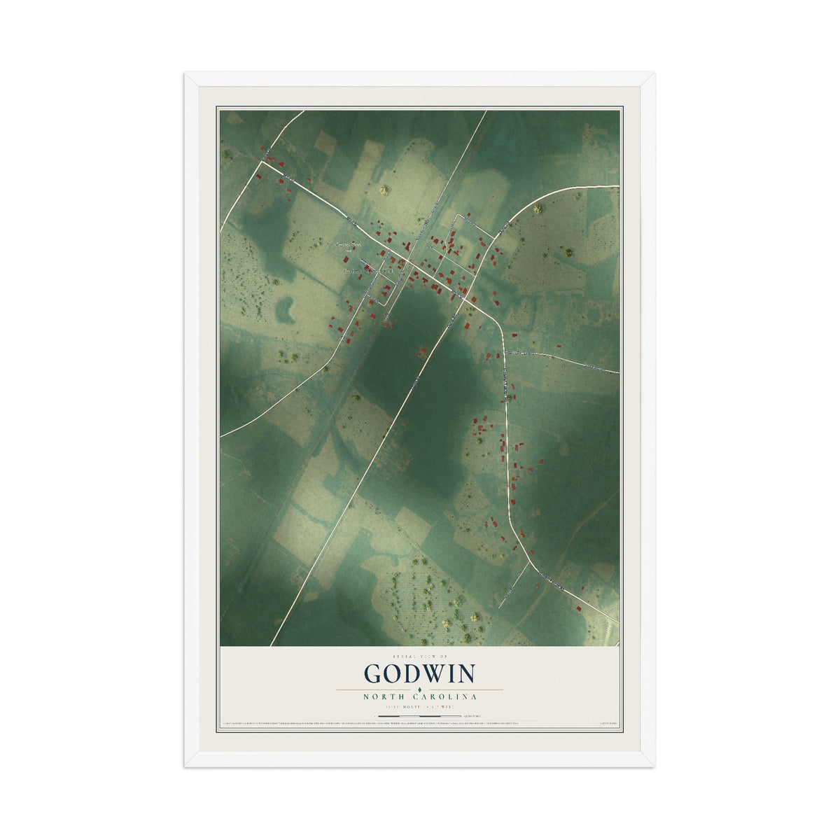 Map of Godwin, North Carolina, 12 x 18 inch print in a white wood frame