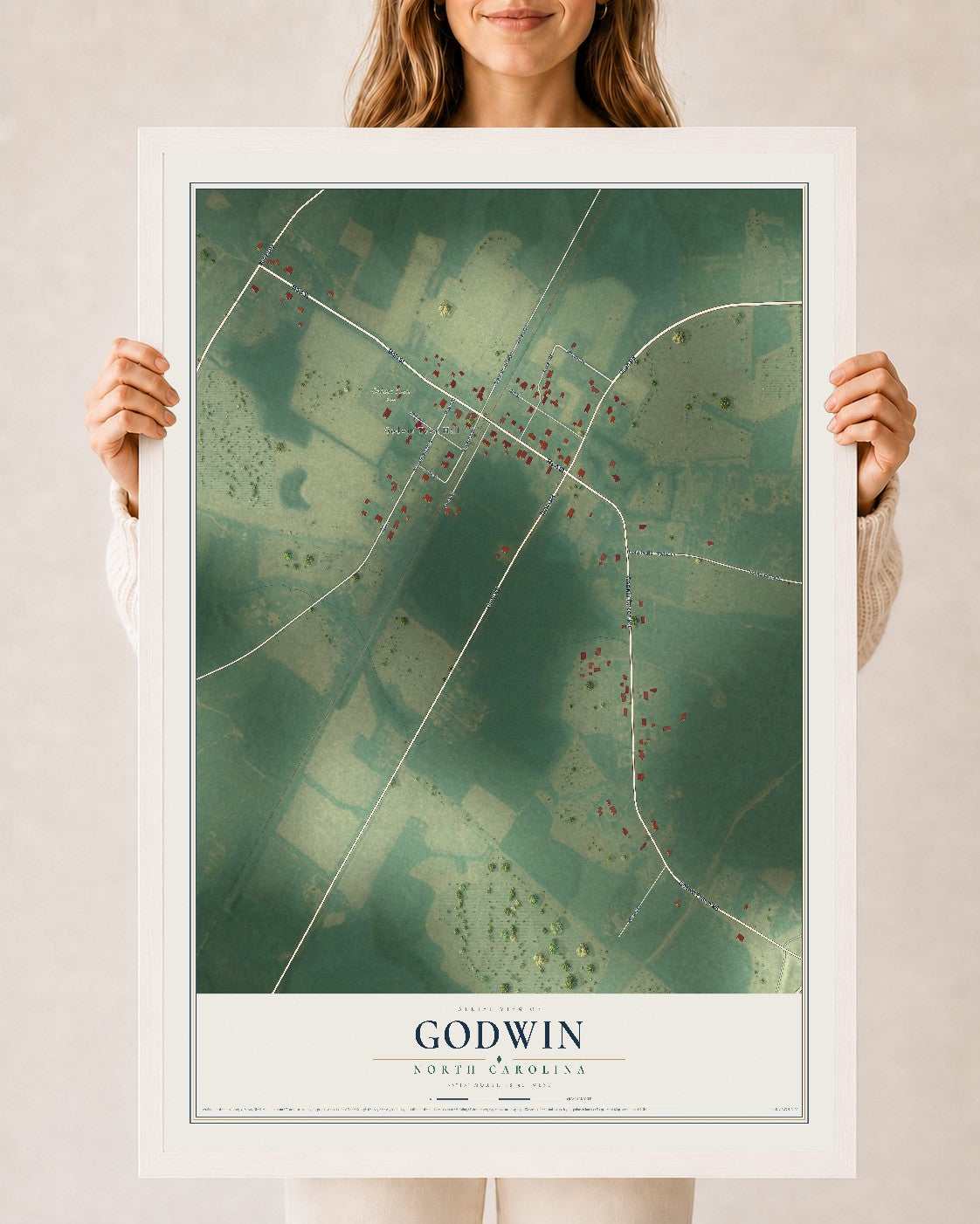 Map of Godwin, North Carolina, 24 x 36 inch print in a white wood frame