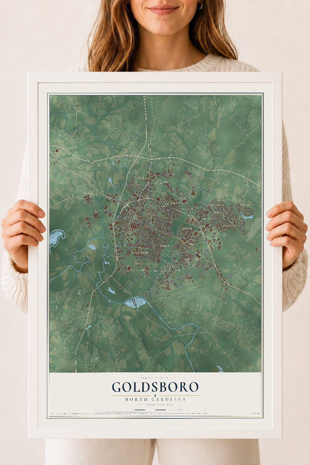 Map of Goldsboro, North Carolina, 18 x 24 inch print in a white wood frame