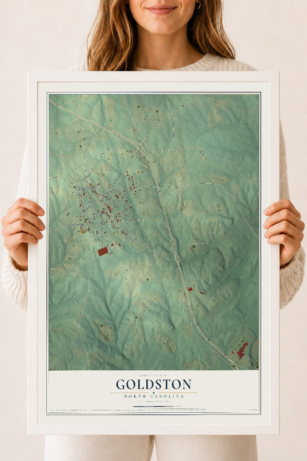 Map of Goldston, North Carolina, 18 x 24 inch print in a white wood frame