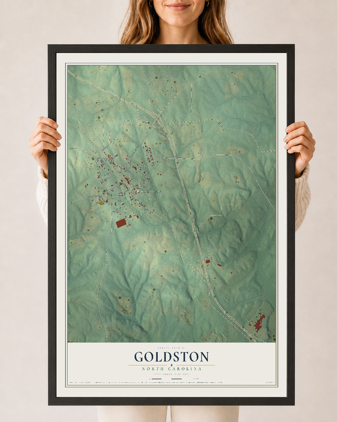 Map of Goldston, North Carolina, 24 x 36 inch print in a black wood frame