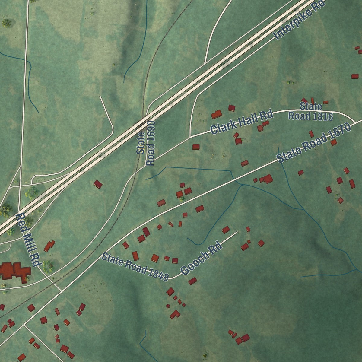 Close-up of the map of Gorman, North Carolina print showing street and building detail