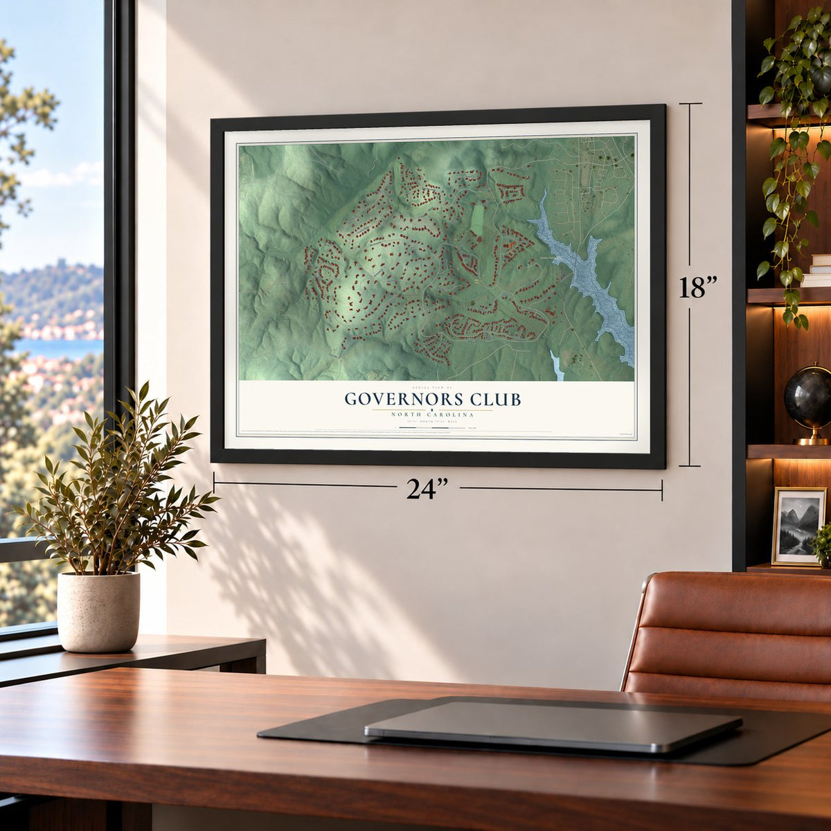 Governors Club, North Carolina map, 18 x 24 inch print in a black frame in a home office