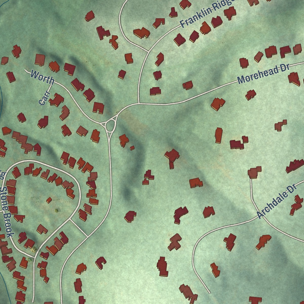 Close-up of the map of Governors Club, North Carolina print showing street and building detail