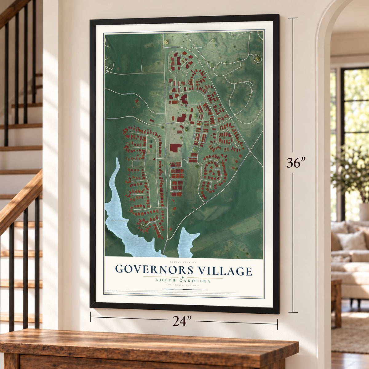 Governors Village, North Carolina map, 24 x 36 inch print in a black frame by a staircase