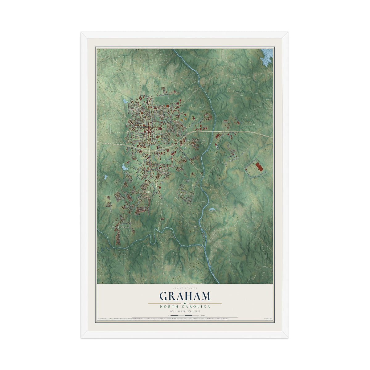 Map of Graham, North Carolina, 12 x 18 inch print in a white wood frame