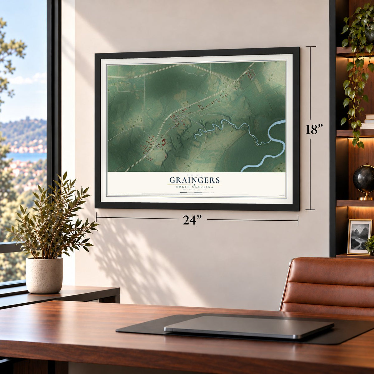 Graingers, North Carolina map, 18 x 24 inch print in a black frame in a home office