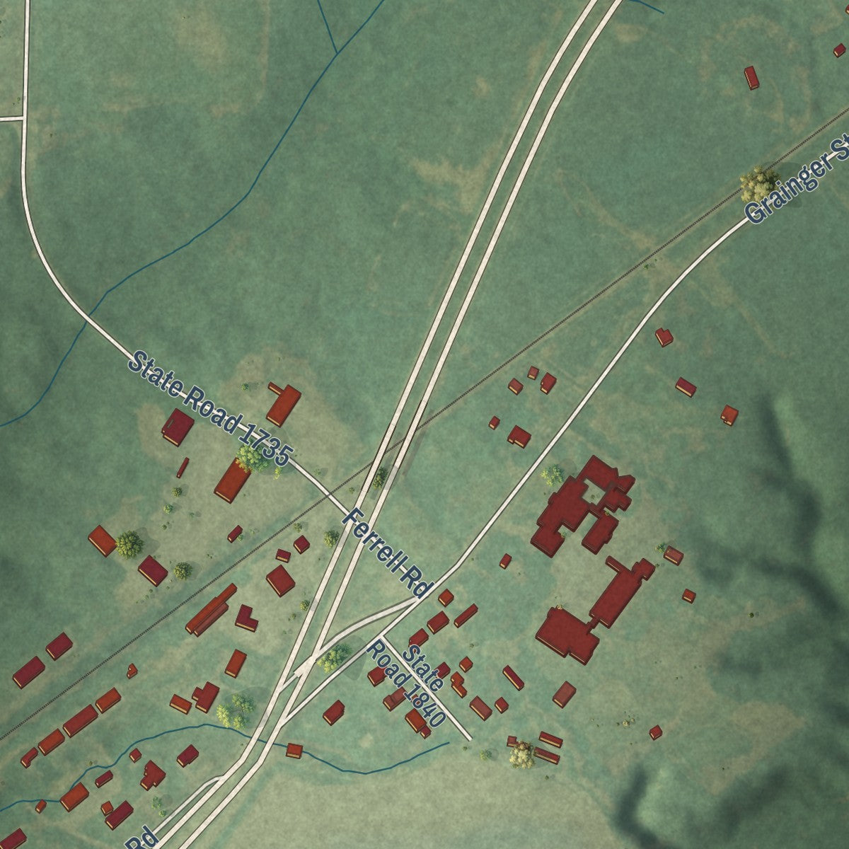 Close-up of the map of Graingers, North Carolina print showing street and building detail