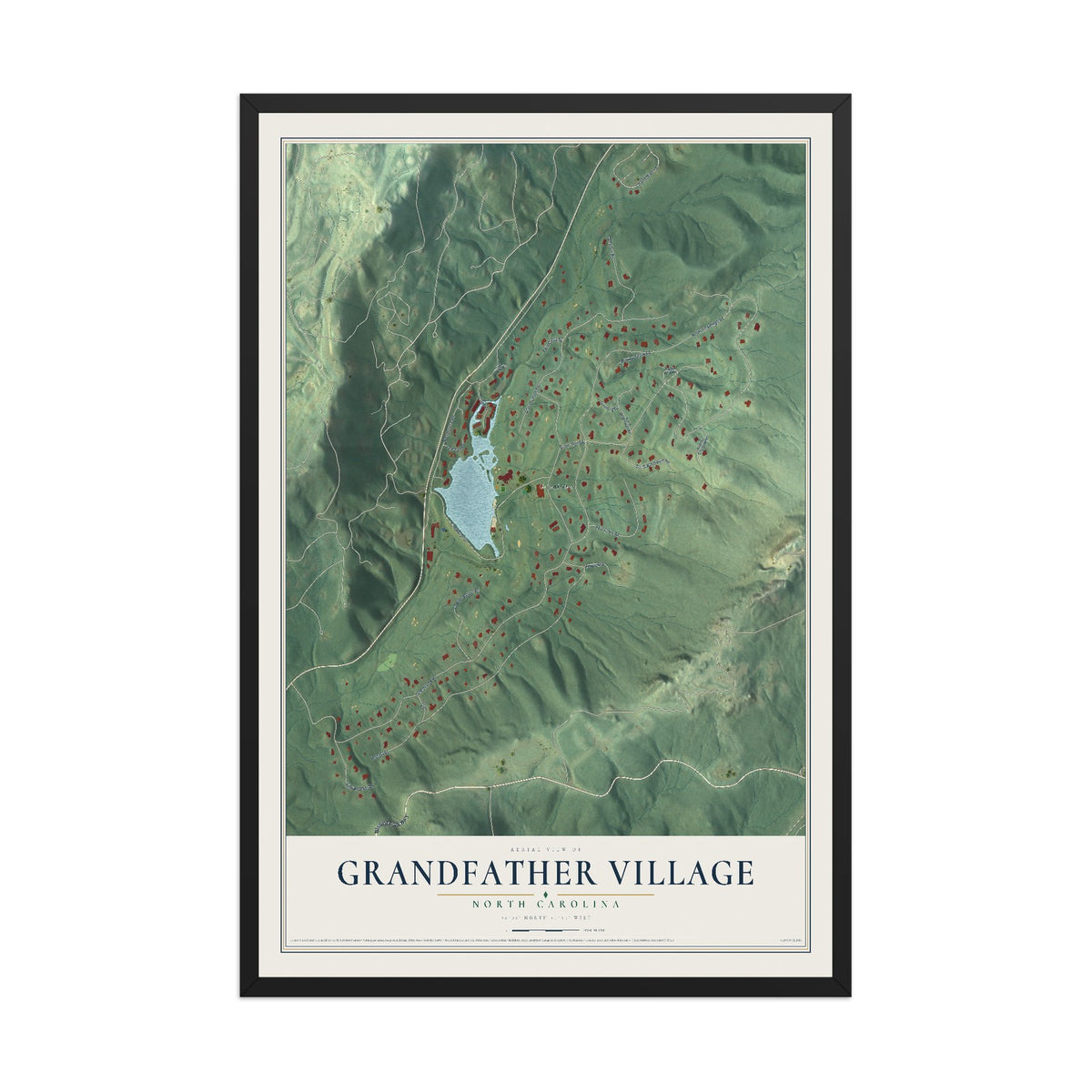 Map of Grandfather Village, North Carolina, 12 x 18 inch print in a black wood frame