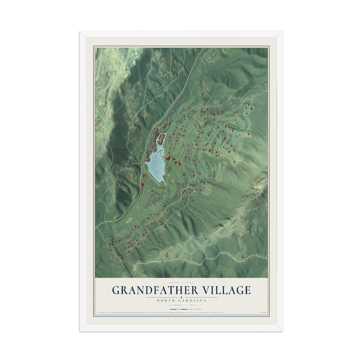 Map of Grandfather Village, North Carolina, 12 x 18 inch print in a white wood frame