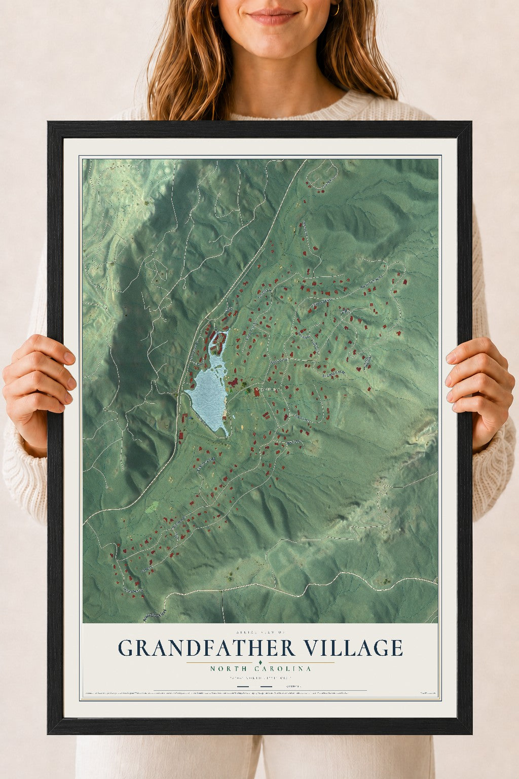 Map of Grandfather Village, North Carolina, 18 x 24 inch print in a black wood frame