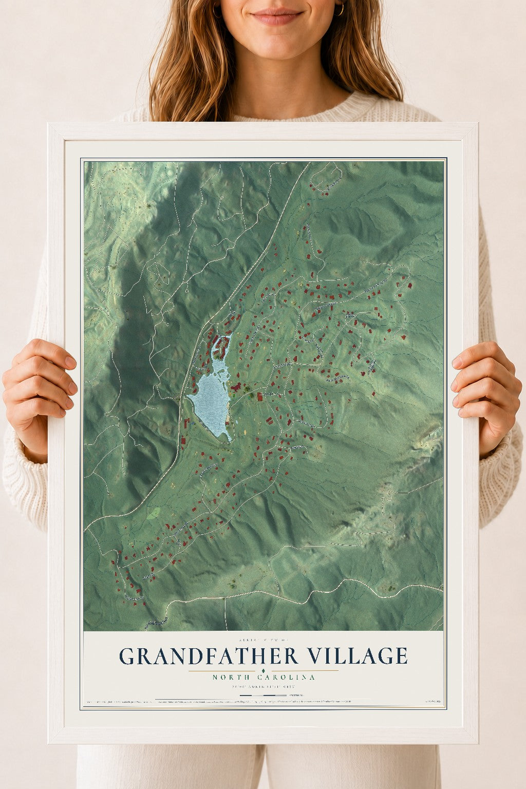 Map of Grandfather Village, North Carolina, 18 x 24 inch print in a white wood frame