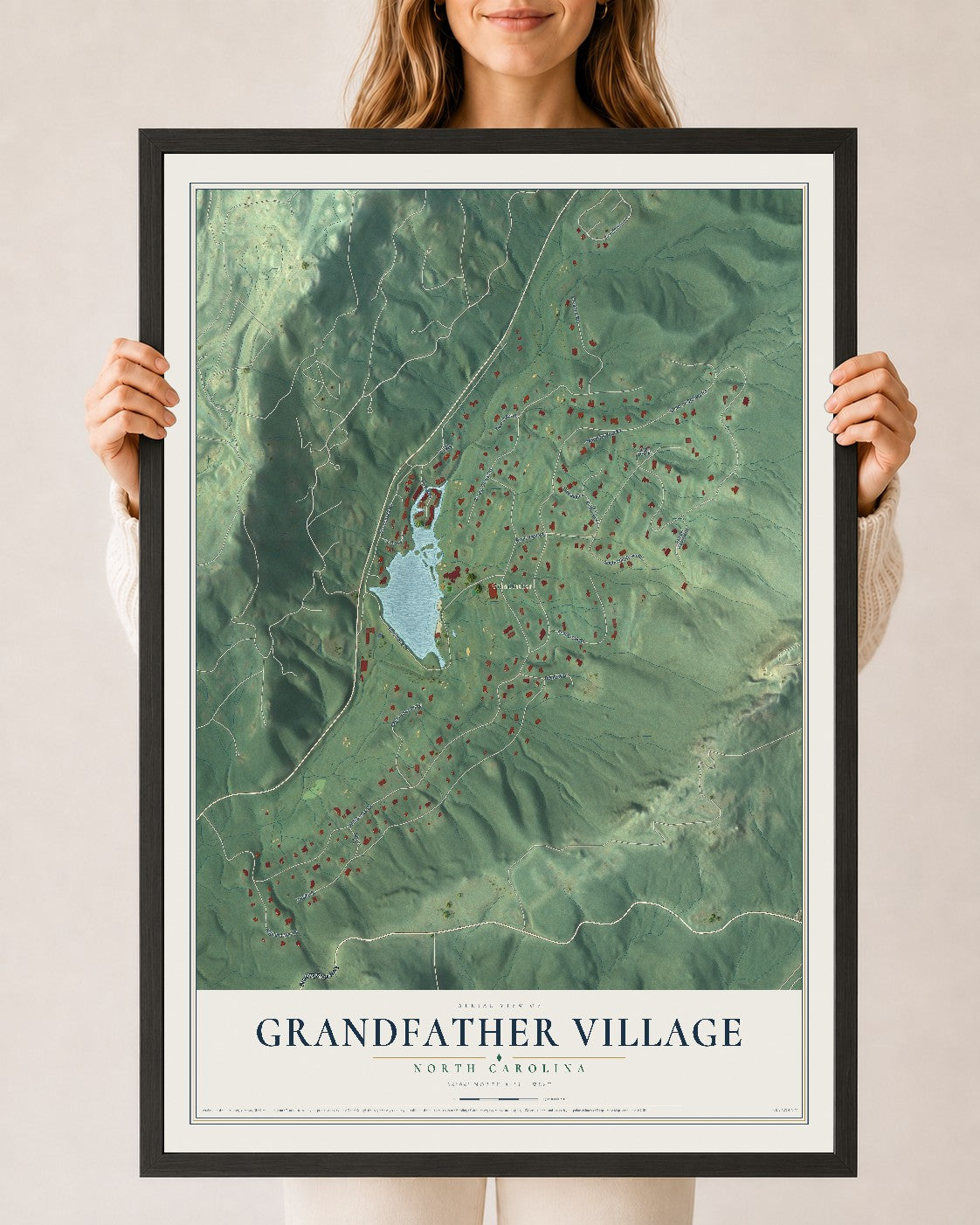 Map of Grandfather Village, North Carolina, 24 x 36 inch print in a black wood frame