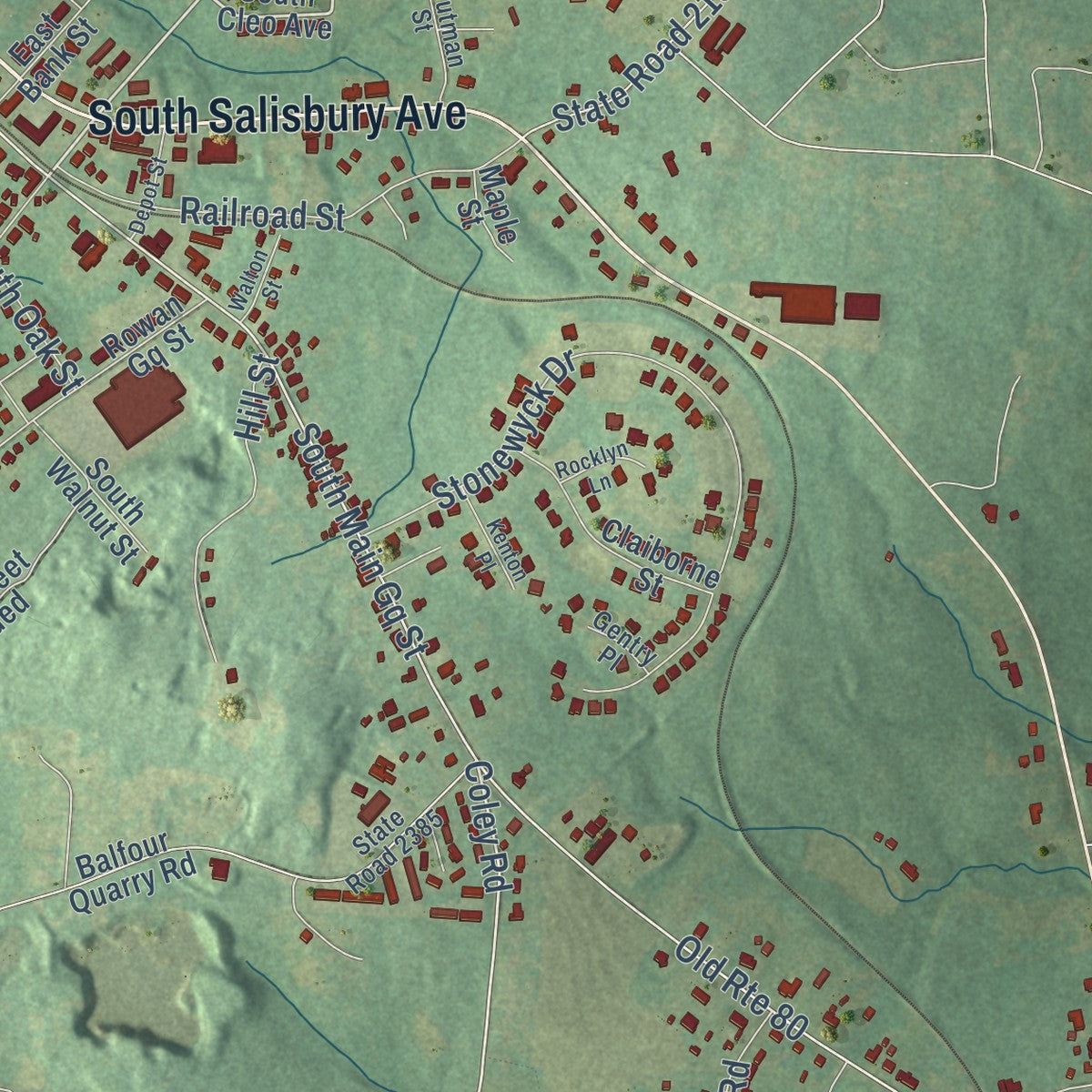 Close-up of the map of Granite Quarry, North Carolina print showing street and building detail