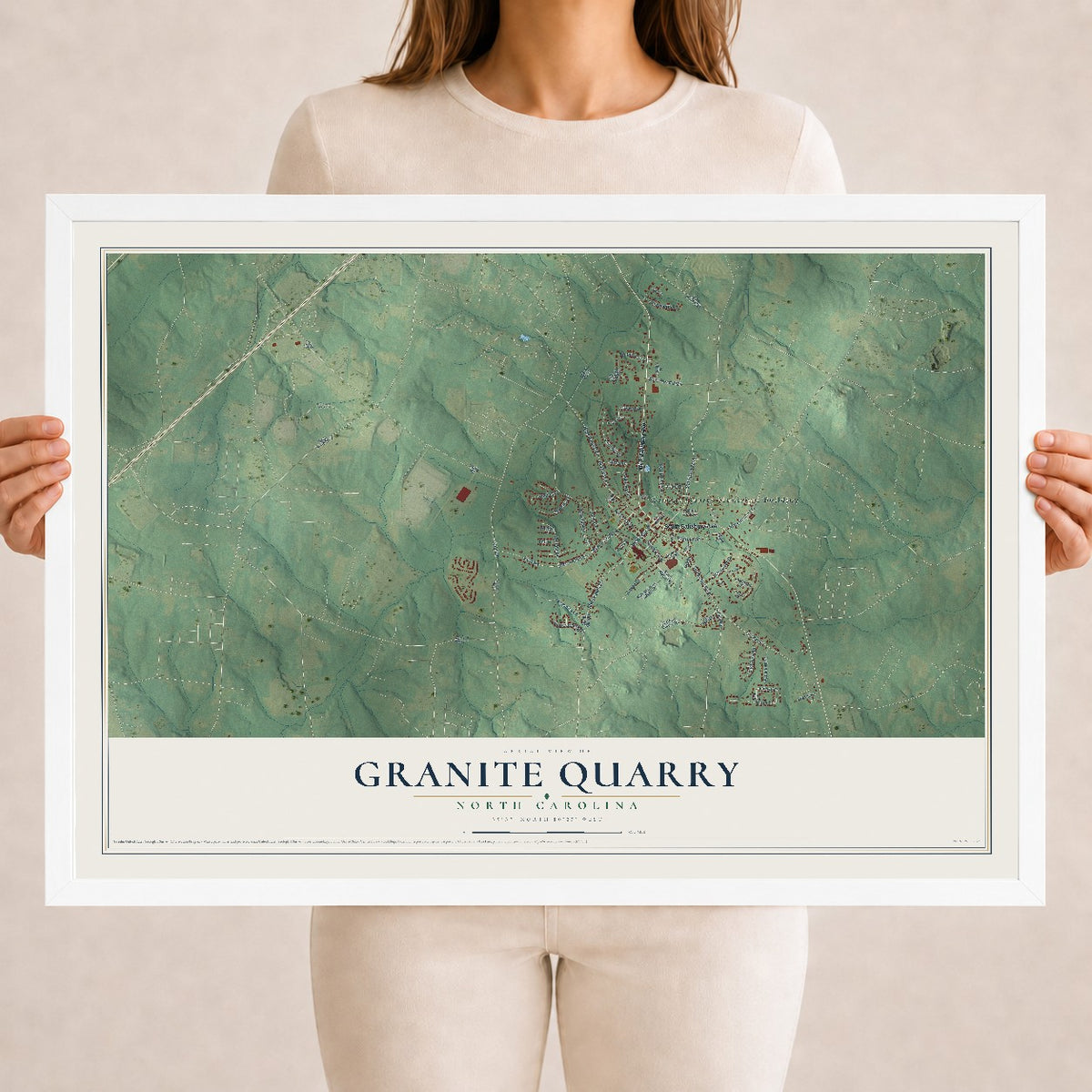 Map of Granite Quarry, North Carolina, 18 x 24 inch print in a white wood frame