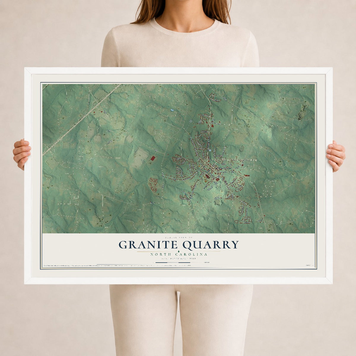 Map of Granite Quarry, North Carolina, 24 x 36 inch print in a white wood frame