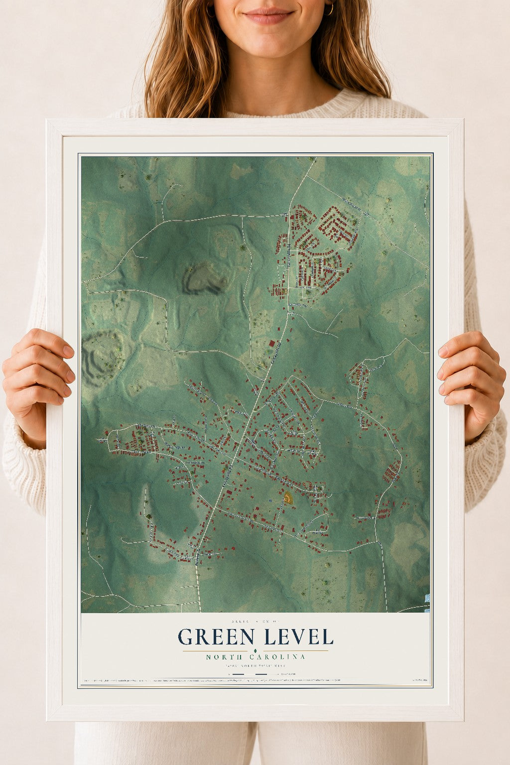 Map of Green Level, North Carolina, 18 x 24 inch print in a white wood frame