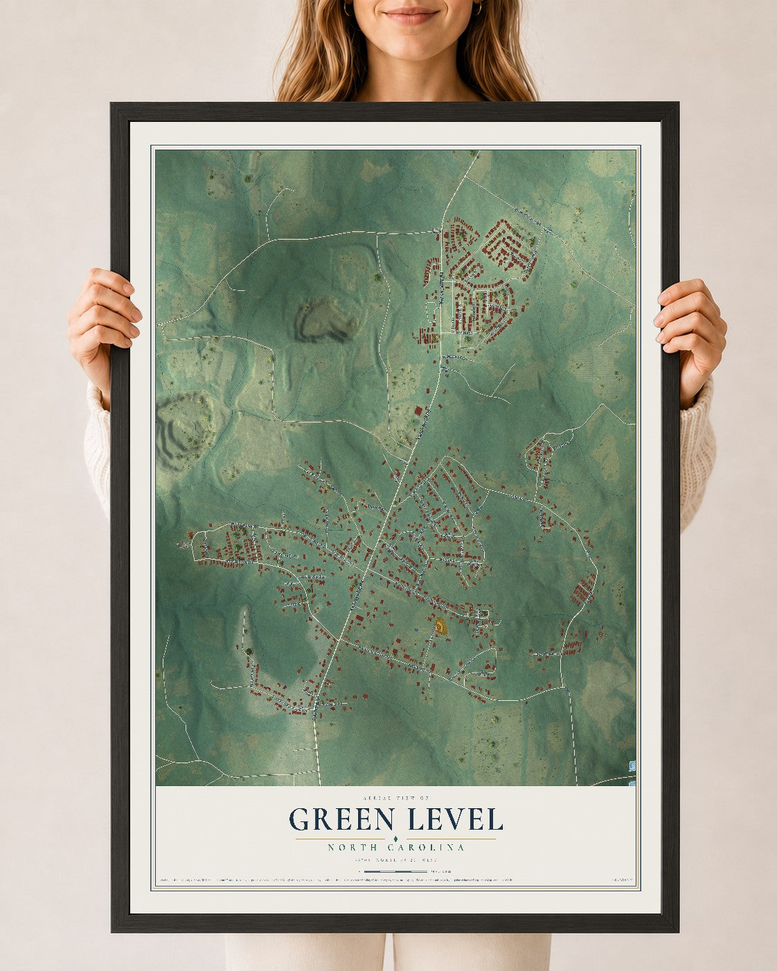 Map of Green Level, North Carolina, 24 x 36 inch print in a black wood frame