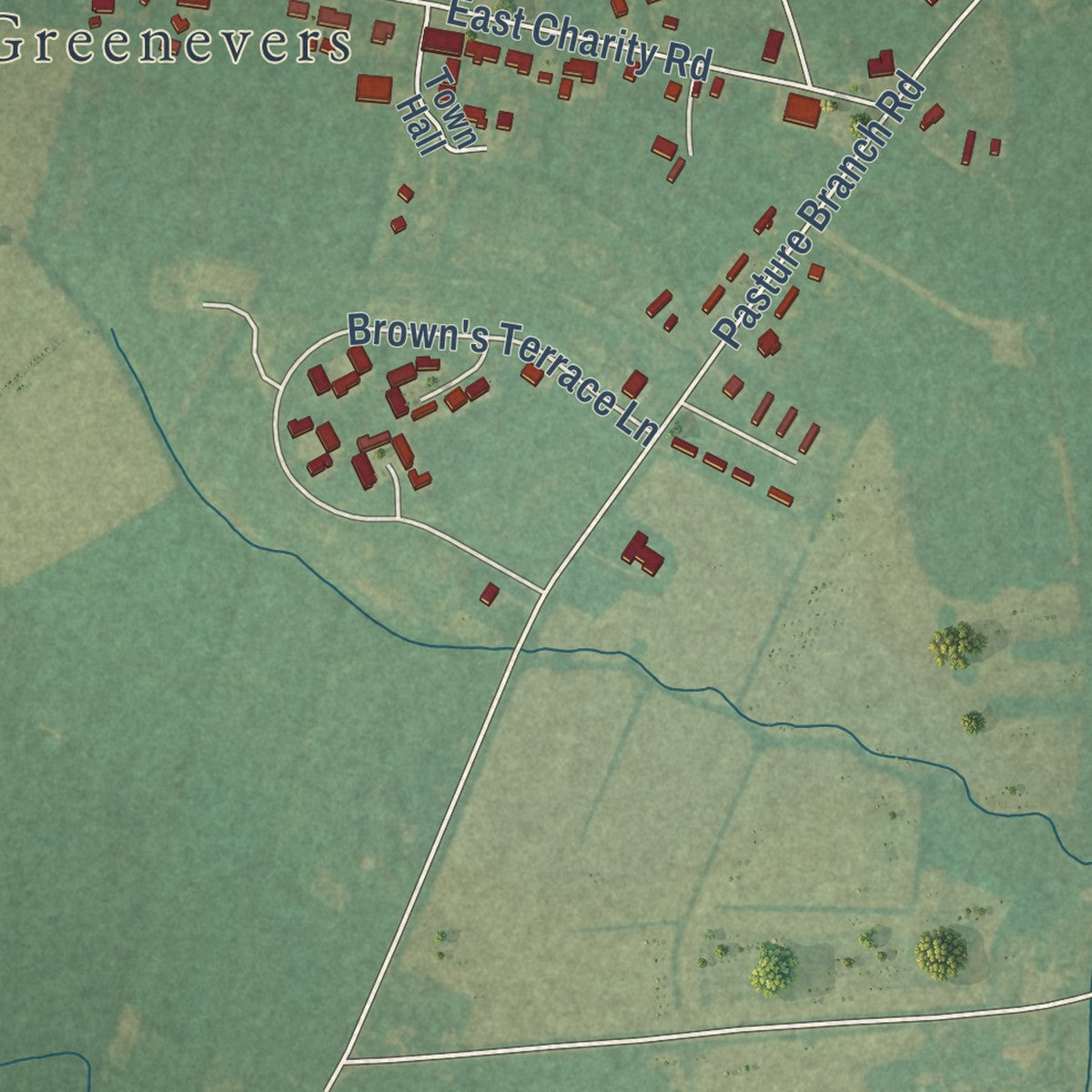 Close-up of the map of Greenevers, North Carolina print showing street and building detail