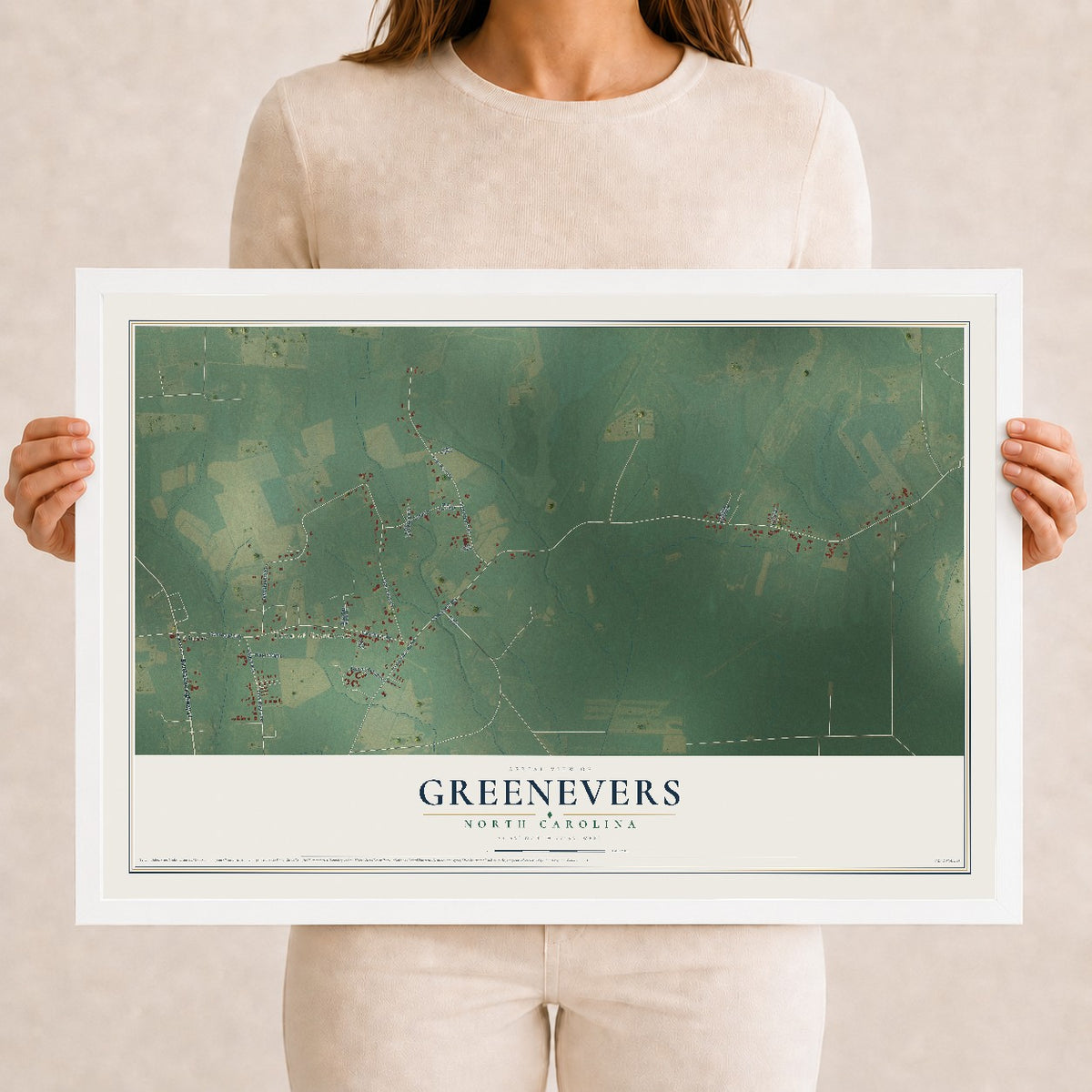 Map of Greenevers, North Carolina, 12 x 18 inch print in a white wood frame