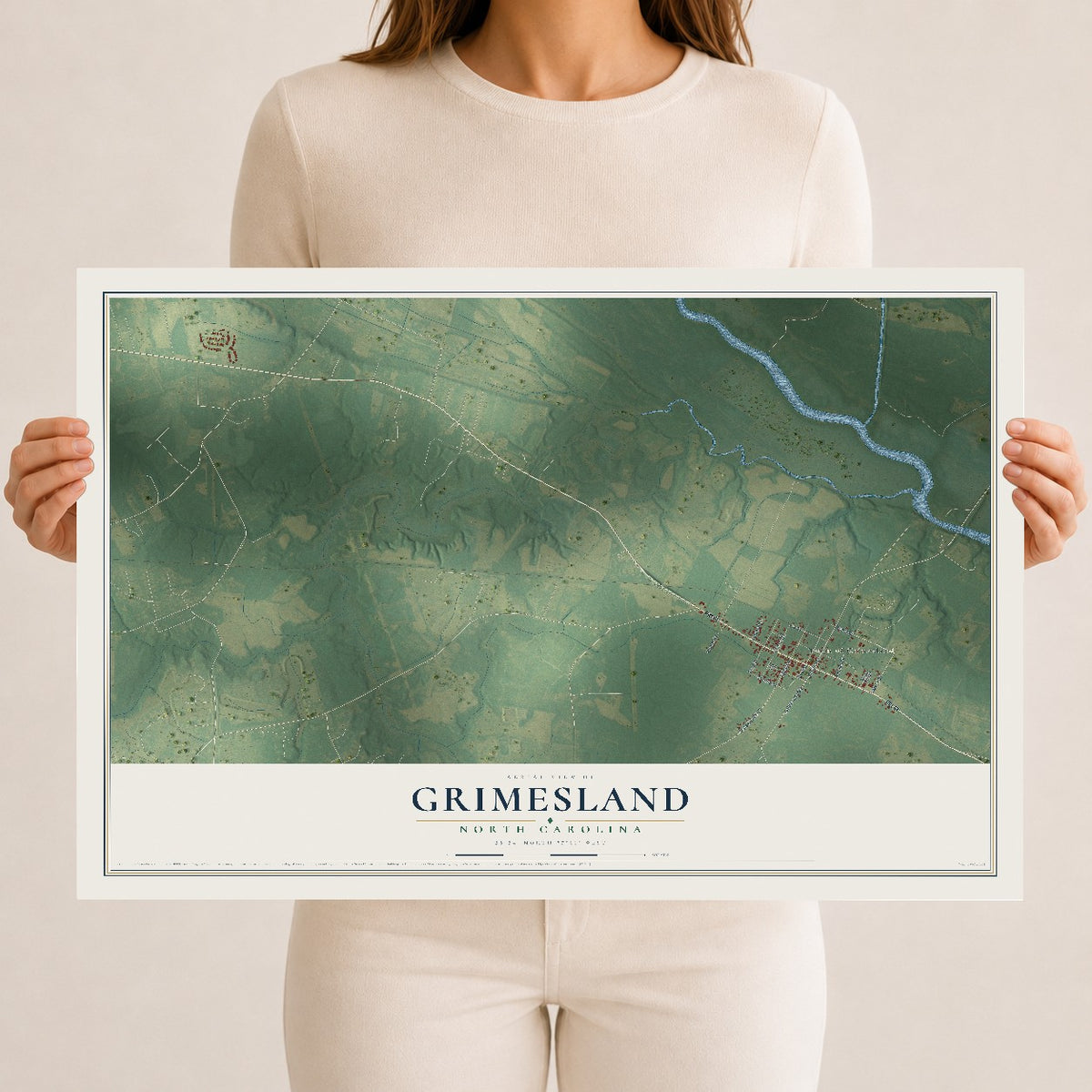 Map of Grimesland, North Carolina, 12 x 18 inch unframed archival matte print