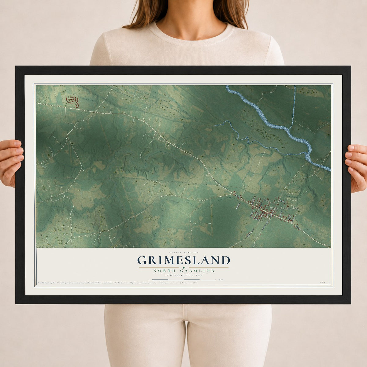 Map of Grimesland, North Carolina, 18 x 24 inch print in a black wood frame