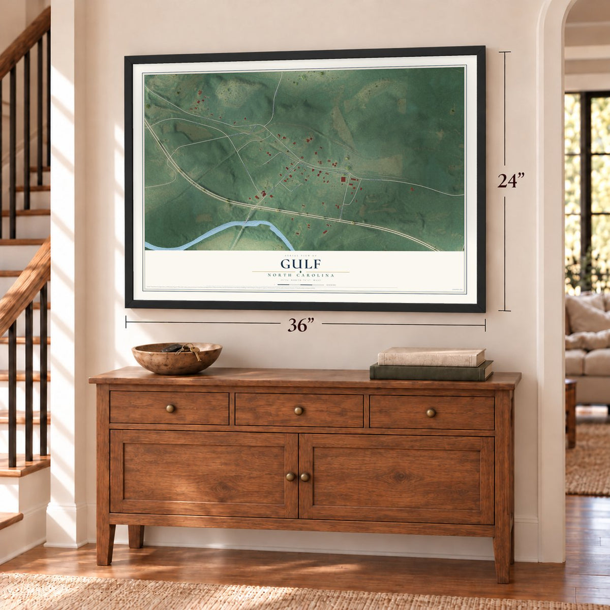 Gulf, North Carolina map, 24 x 36 inch print in a black frame above a dresser by a staircase