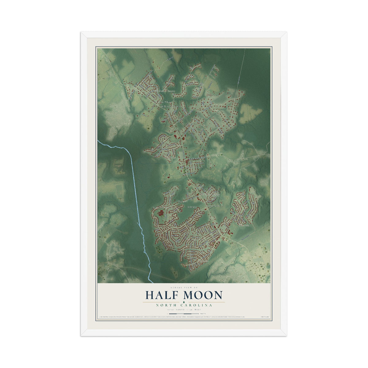Map of Half Moon, North Carolina, 12 x 18 inch print in a white wood frame