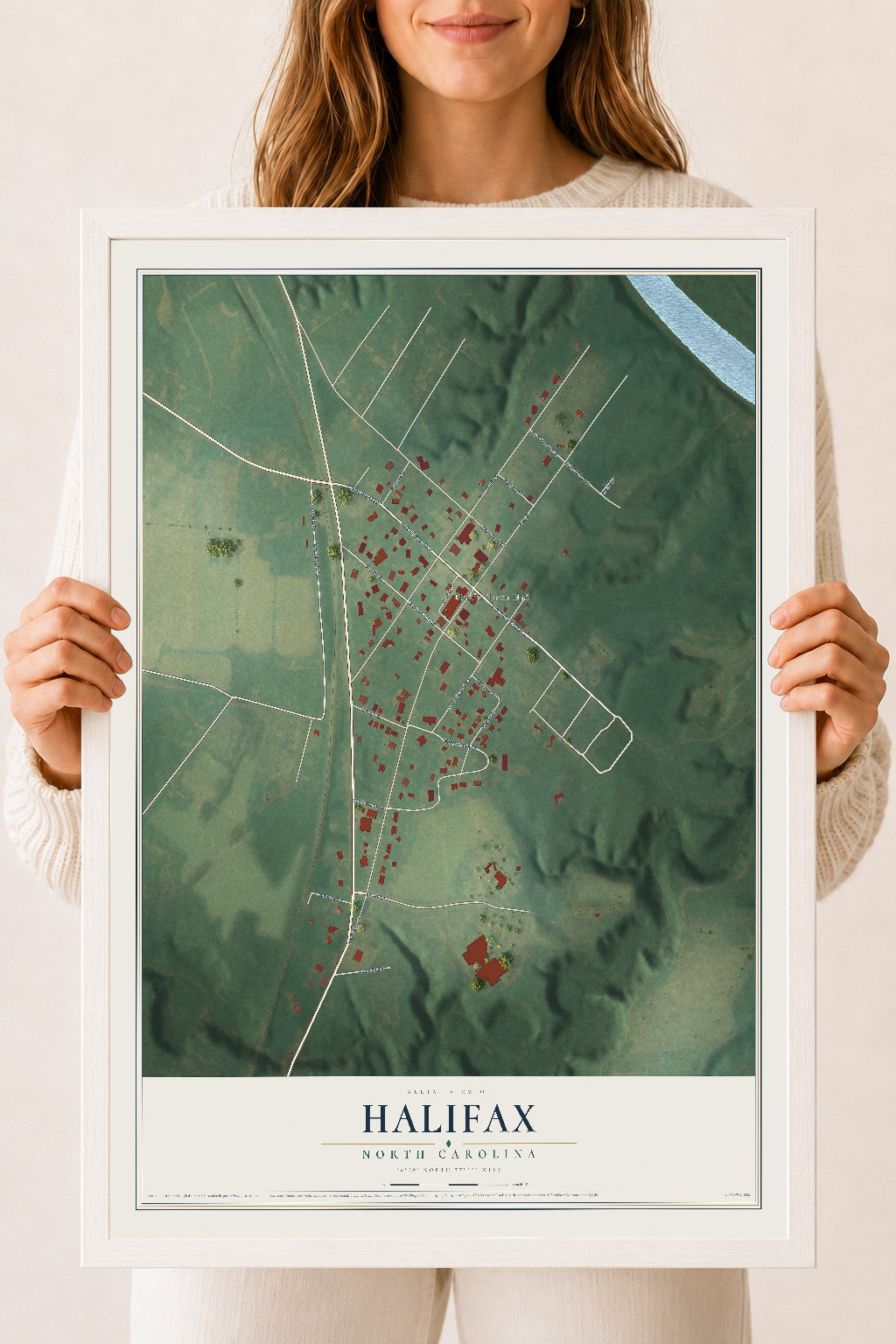 Map of Halifax, North Carolina, 18 x 24 inch print in a white wood frame