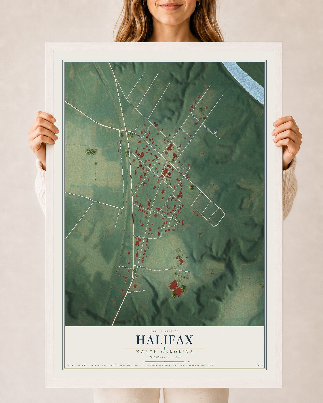 Map of Halifax, North Carolina, 24 x 36 inch print in a white wood frame