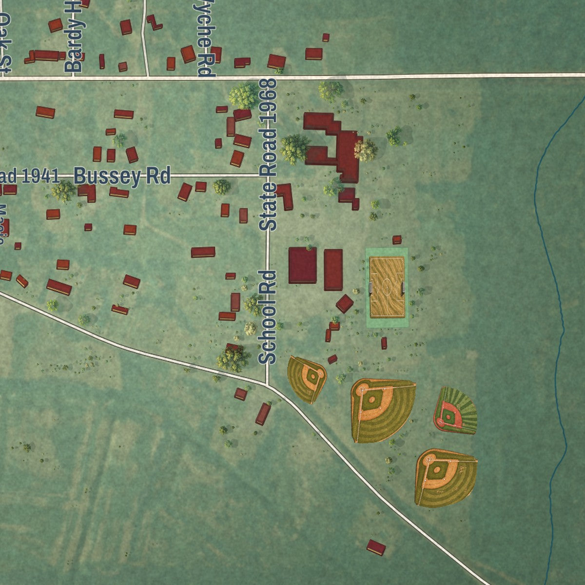Close-up of the map of Hallsboro, North Carolina print showing street and building detail
