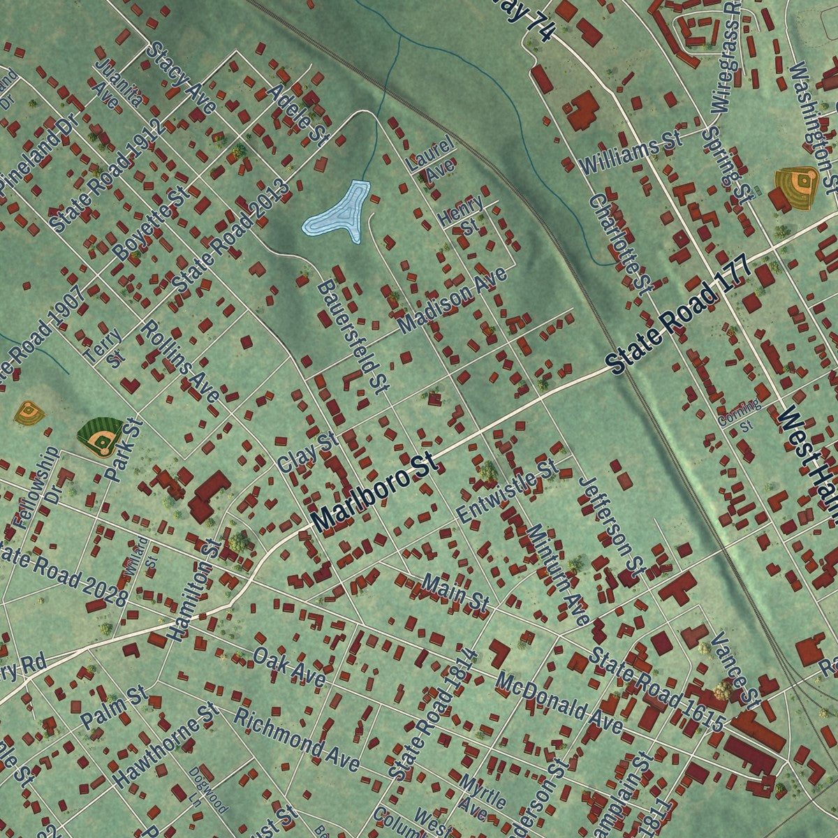 Close-up of the map of Hamlet, North Carolina print showing street and building detail