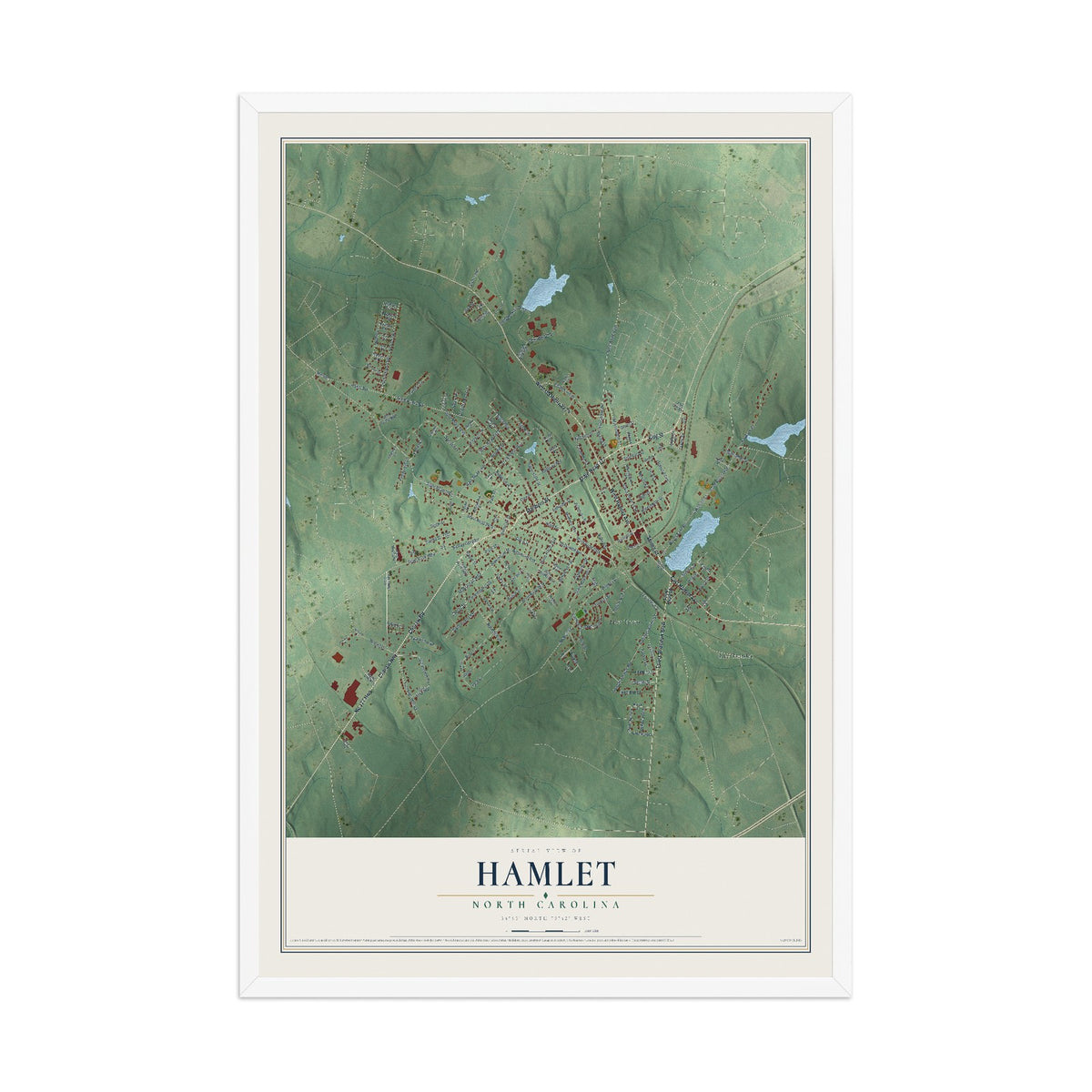 Map of Hamlet, North Carolina, 12 x 18 inch print in a white wood frame