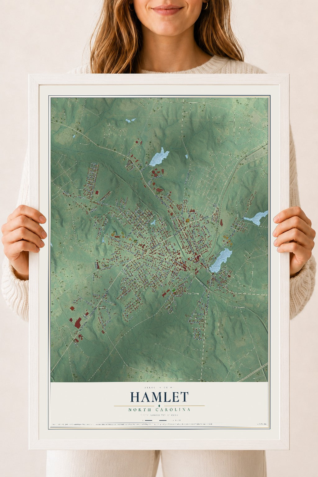 Map of Hamlet, North Carolina, 18 x 24 inch print in a white wood frame