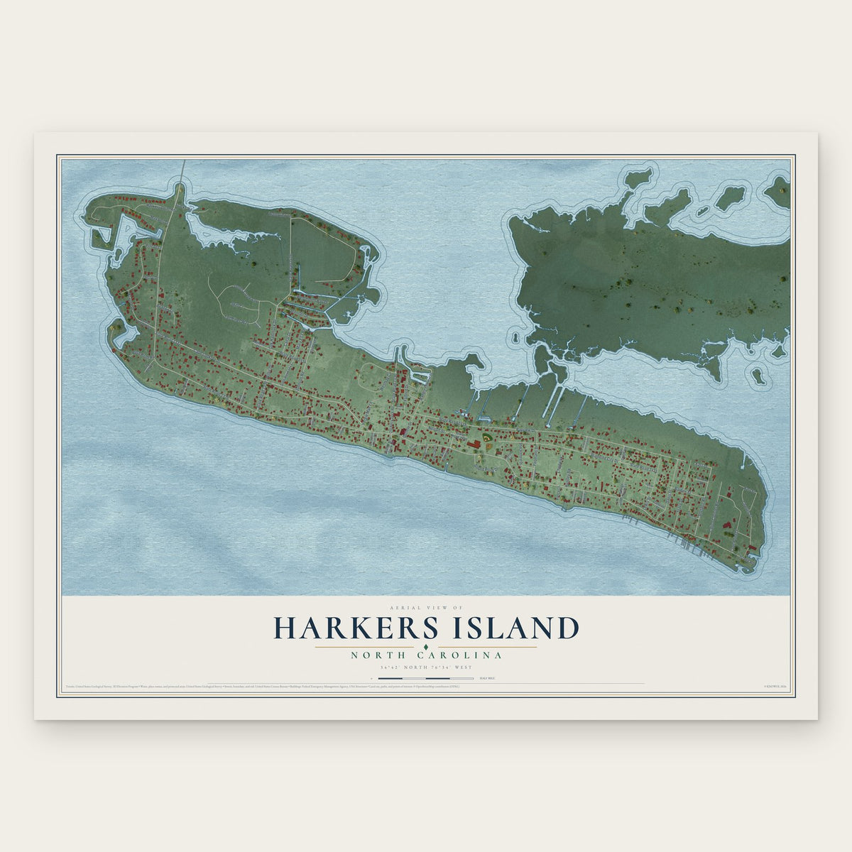Harkers Island, North Carolina map print, the full design
