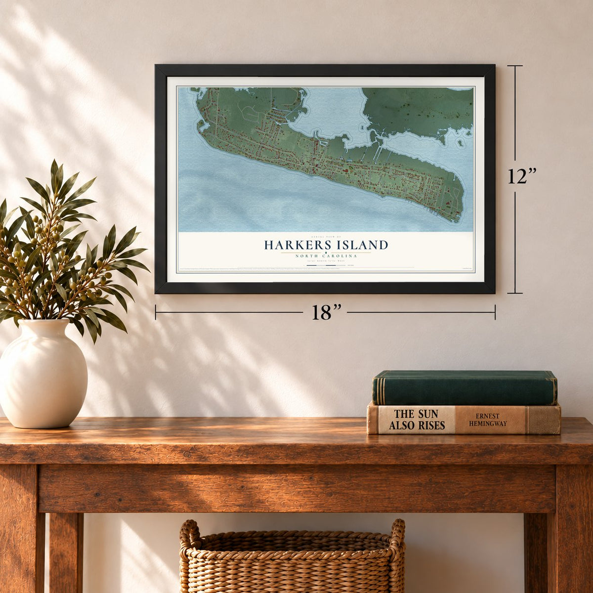 Harkers Island, North Carolina map, 12 x 18 inch print in a black frame in an entryway