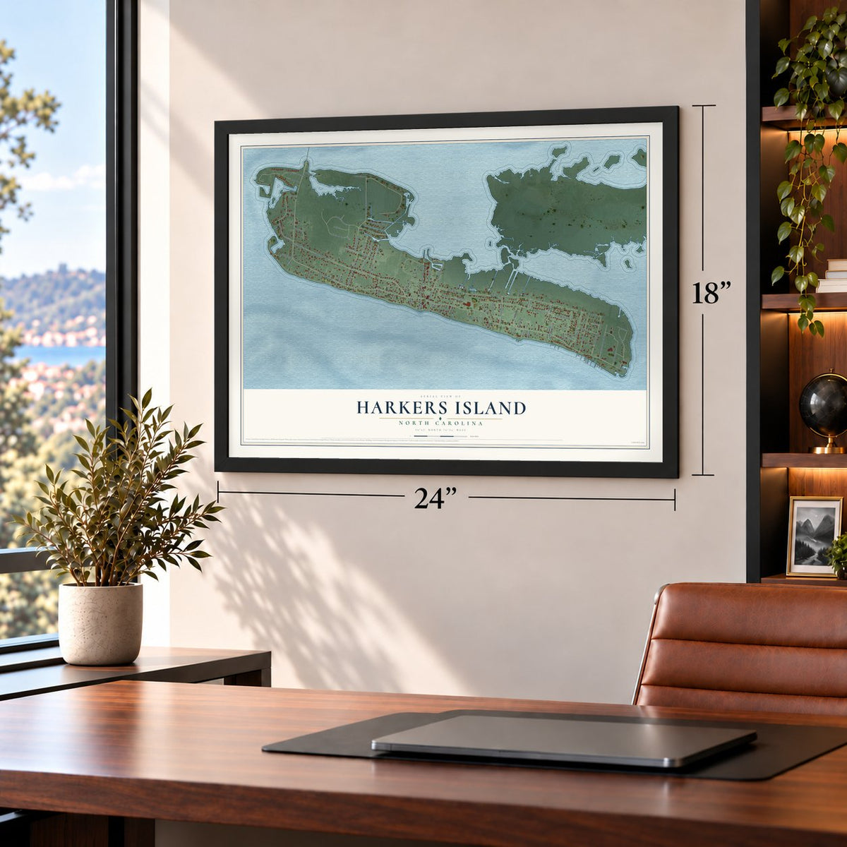 Harkers Island, North Carolina map, 18 x 24 inch print in a black frame in a home office