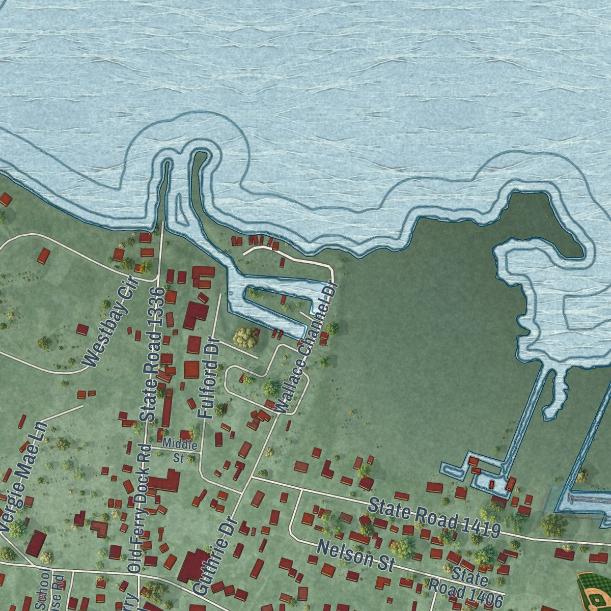 Close-up of the map of Harkers Island, North Carolina print showing street and building detail