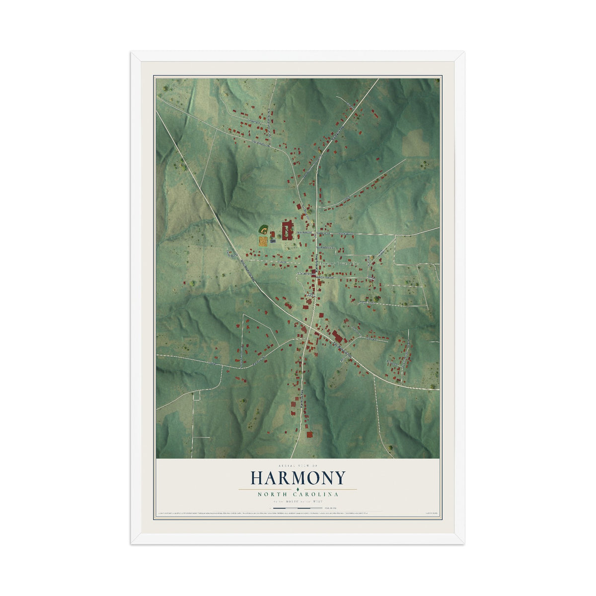 Map of Harmony, North Carolina, 12 x 18 inch print in a white wood frame