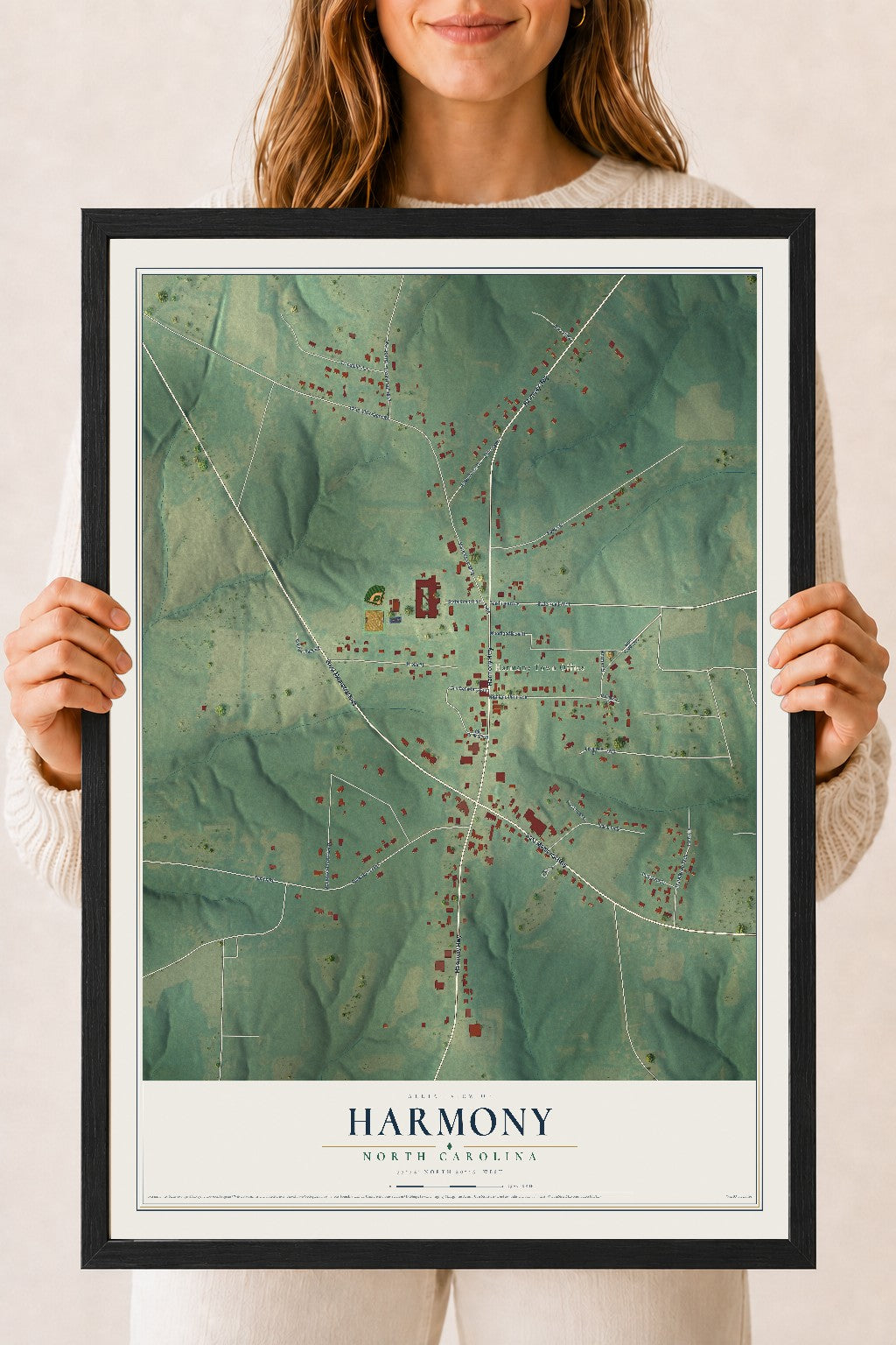 Map of Harmony, North Carolina, 18 x 24 inch print in a black wood frame