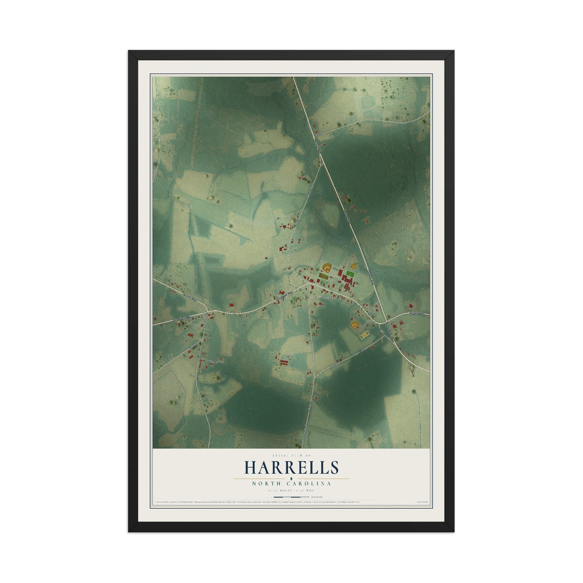 Map of Harrells, North Carolina, 12 x 18 inch print in a black wood frame