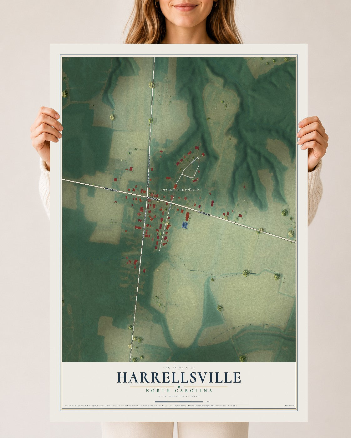 Map of Harrellsville, North Carolina, 24 x 36 inch unframed archival matte print